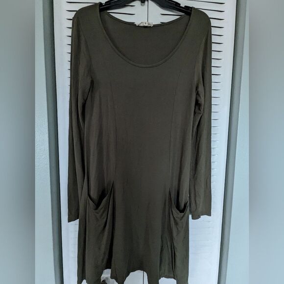 Pistachio Green Tunic Dress S L/S Casual T-shirt Dress Pockets Earth Girl Bohemi - Picture 2 of 6